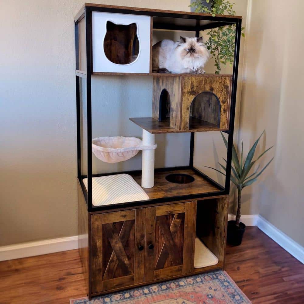 Brown Wooden 3-Story Cat Condo with Sisal Scratching Post