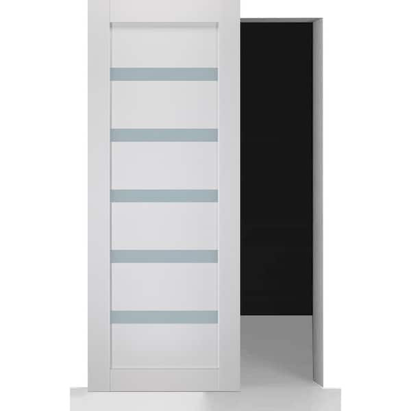 Leora 28 in. x 84 in. 6 Lite Frosted Glass Bianco Noble Wood Hidden w/BaseBoard Sliding Barn Door with Hardware Kit