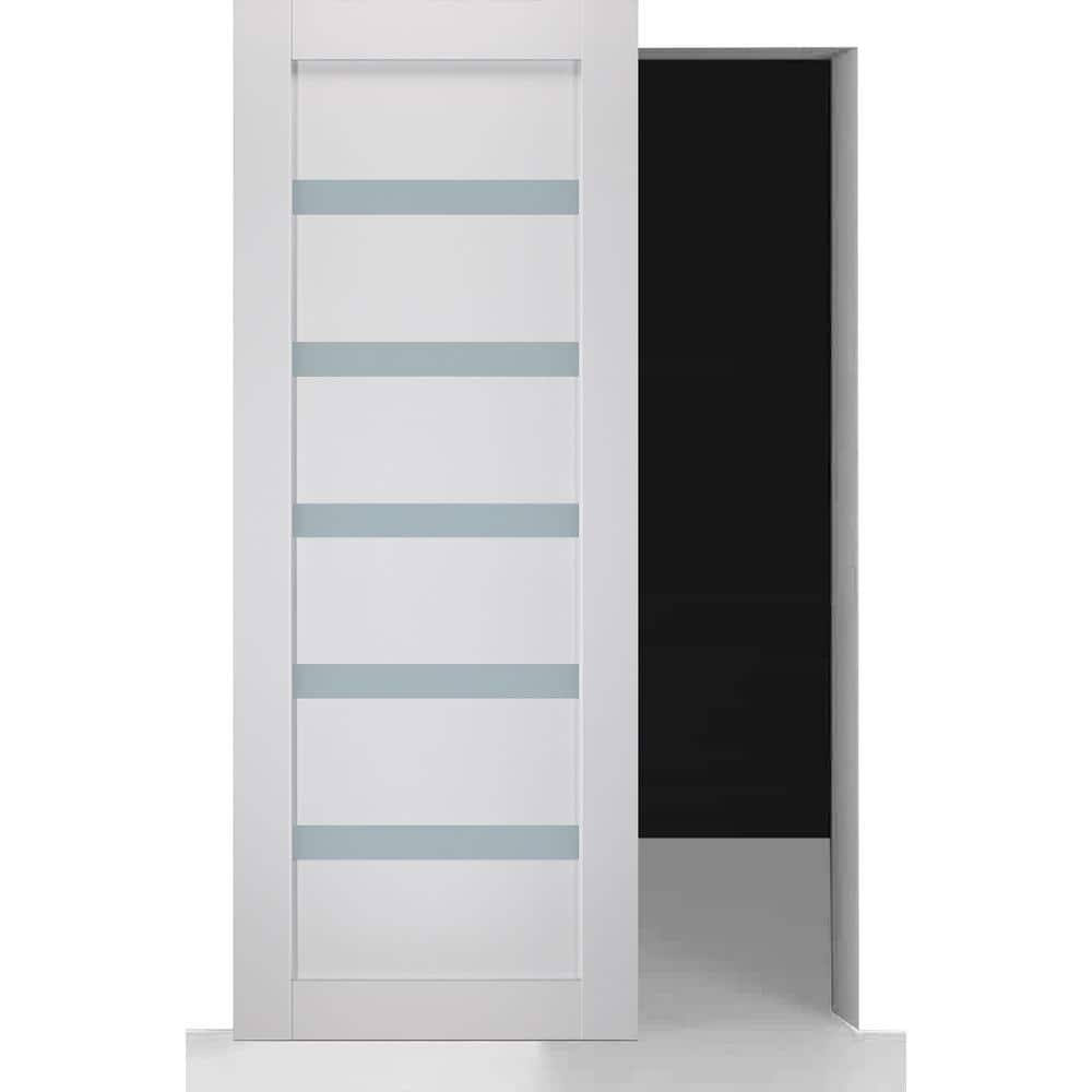 Leora 24 in. x 80 in. 5 Lite Frosted Glass Bianco Noble Wood Hidden w/o BaseBoard Sliding Barn Door with Hardware Kit price history on PriceWatchPro