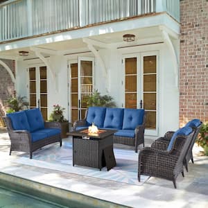 5-Piece Brown Wicker Outdoor Patio Fire Pit Seating Set with CushionGuard Blue Cushions
