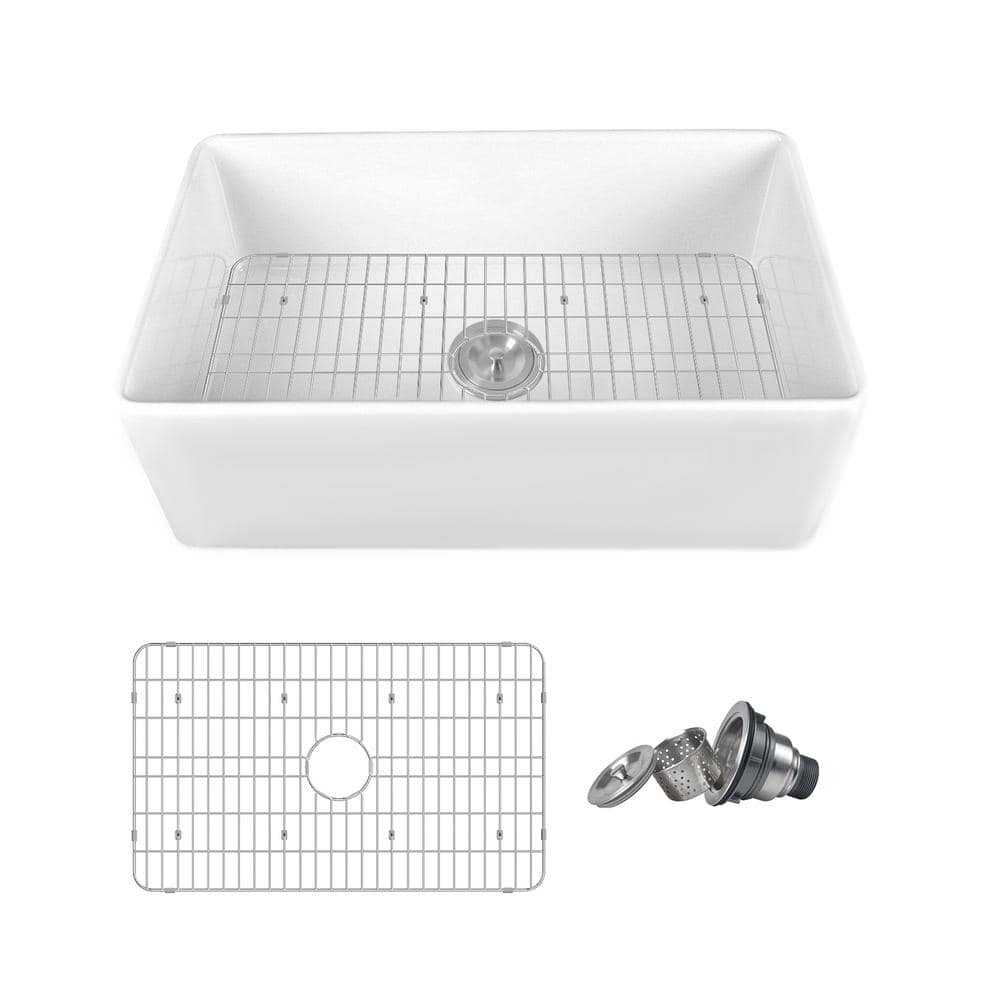 33" White Fireclay Farmhouse Drop-In Kitchen Sink