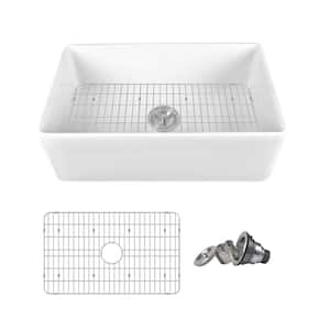White Fireclay 30 in. L Rectangular Single Bowl Farmhouse Apron Kitchen Sink with Grid and Strainer