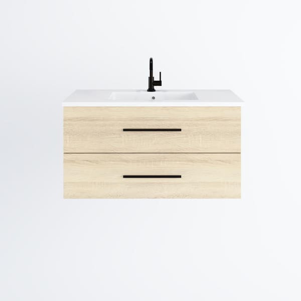 VOLPA USA AMERICAN CRAFTED VANITIES Napa 40 W x 20 D x 21-5/8 H Single Sink Bathroom Vanity Wall Mounted in White Oak with Acrylic Integrated Countertop