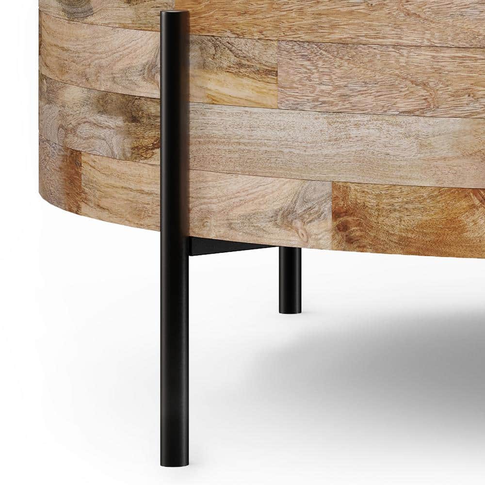 Natural Mango Wood and Black Metal Round Drum Coffee Table