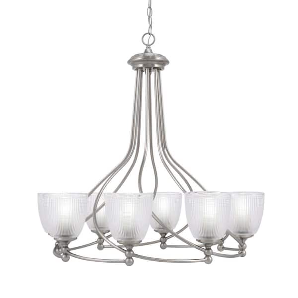 Unbranded Royale 8 Light Brushed Nickel Chandelier, Round Chandelier with 5 in. Clear Ribbed Glass Shades, No Bulbs Included