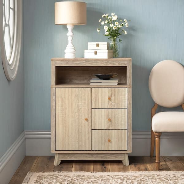 Natural Finish Wave-Patterned Manufactured Wood 3-Drawer 1-Door Slim Bathroom Storage Cabinet