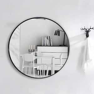 16 in. W x 16 in. H Wall Mirror with Brushed Aluminum Frame Round HD Mirror Black