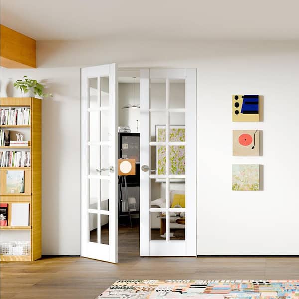 48 in. x 80 in. Composite, MDF, 10-Lite, Clear Glass, Primed, White Interior Door Slab with Silver Curved Doorknob