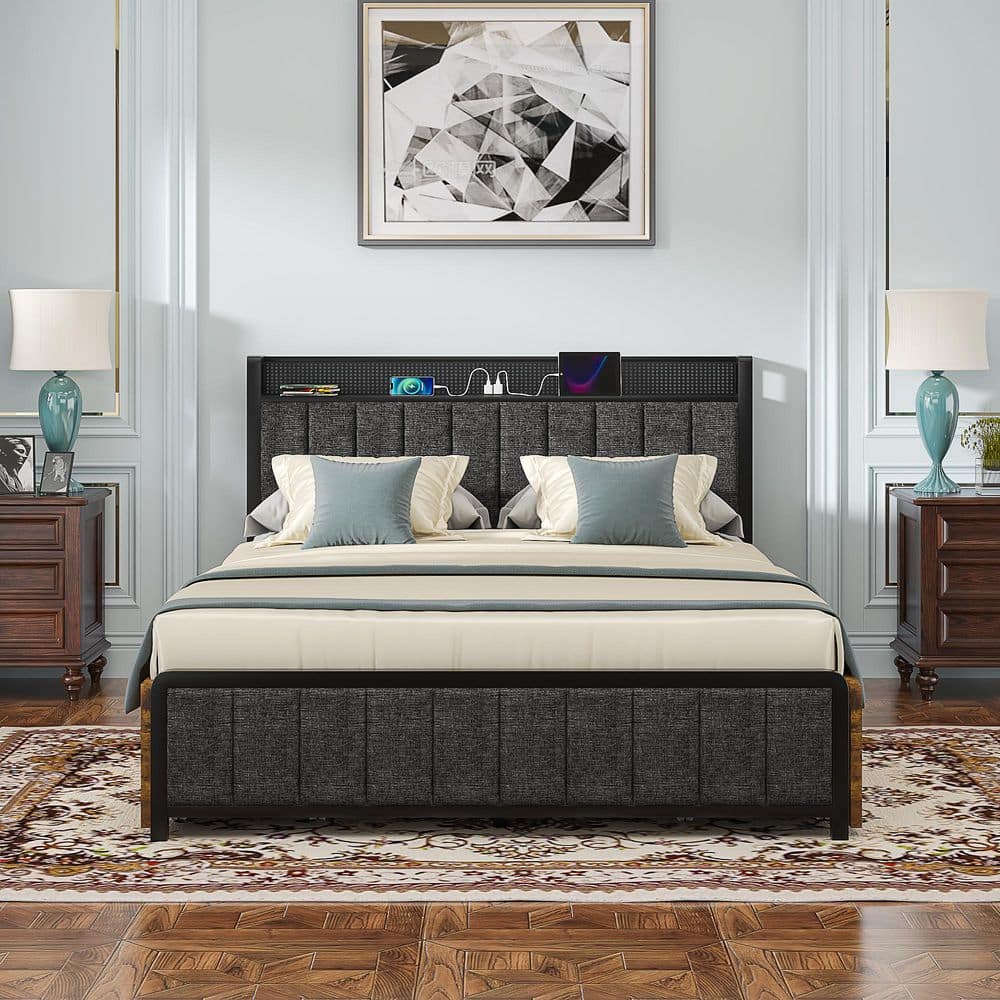 Rustic Bed Brown Metal Frame Queen Platform Bed with Upholstered Headboard, USB Port and 4-Rolling Storage Drawers - thumbnail 7