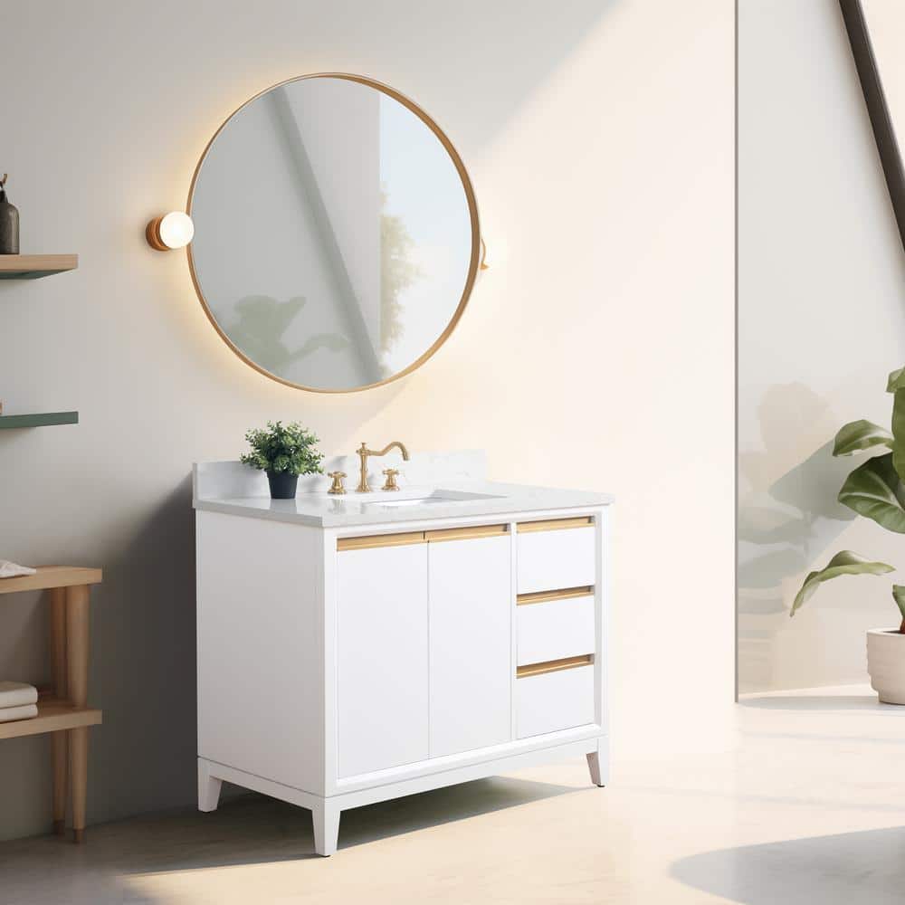 42" White MDF Freestanding Bathroom Vanity with Engineered Marble Top