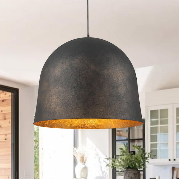 Y'INSP 60-Watt 1 Light Antique Black and Gold Industrial Pendant Light Fixture with Metal Glass Shade, No Bulbs Included