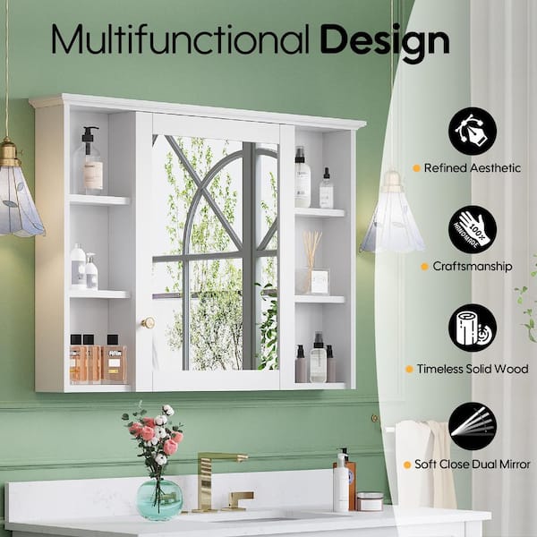 ANGELES HOME 42 in. W x 30 in. H Rectangular White Solid Wood Soft Close Bathroom Medicine Cabinet with Mirror, Easy Hang, Assembled