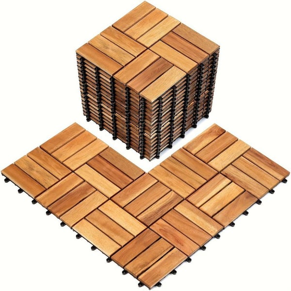 WRIGHTMASTER 0.98 ft. x 0.98 ft. Quick Deck 12 Slats Solid Acacia Wood Interlocking Deck Tile in Teak Brown (25.93 sq. ft. per Box)
