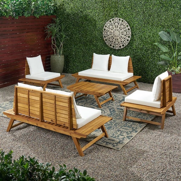 Noble House Sedona Teak Brown 5-Piece Wood Outdoor Patio Conversation Set with White Cushions