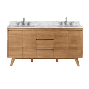 Coventry 61 in. Vanity in Natural Teak with Marble Top Vanity Top in Carrara White with White Basin