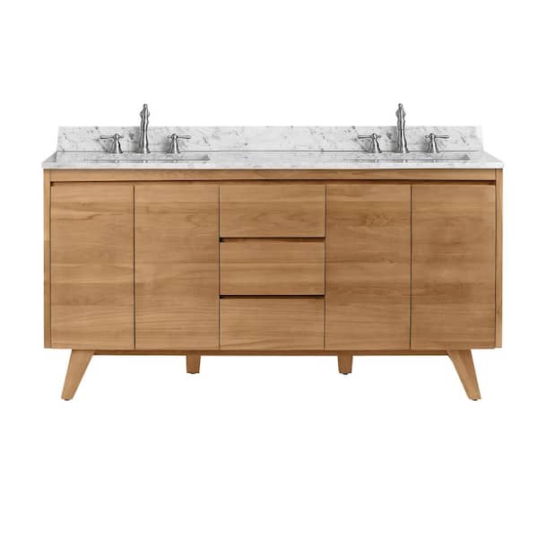 Coventry 61 in. Double Sink Natural Teak Bath Vanity with Carrara White Marble Top