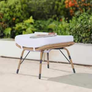 Brown Wicker All Weather Rattan Outdoor Ottoman with Removable Whiite Cushions