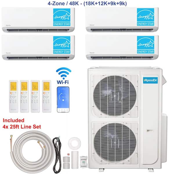 4-Zone ENERGY STAR Wi-Fi 48K BTU 230V 21 SEER2 Mini Split AC with Heat Pump + 18K+12K+9K+9K BTU Heads 25 ft. lineset x 4