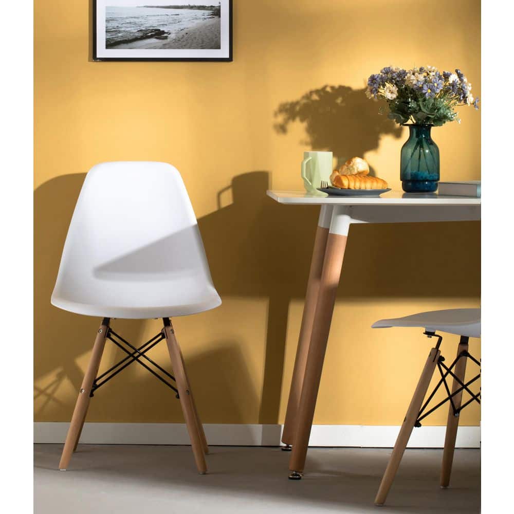 White Plastic Shell Side Chair with Beech Wood Legs