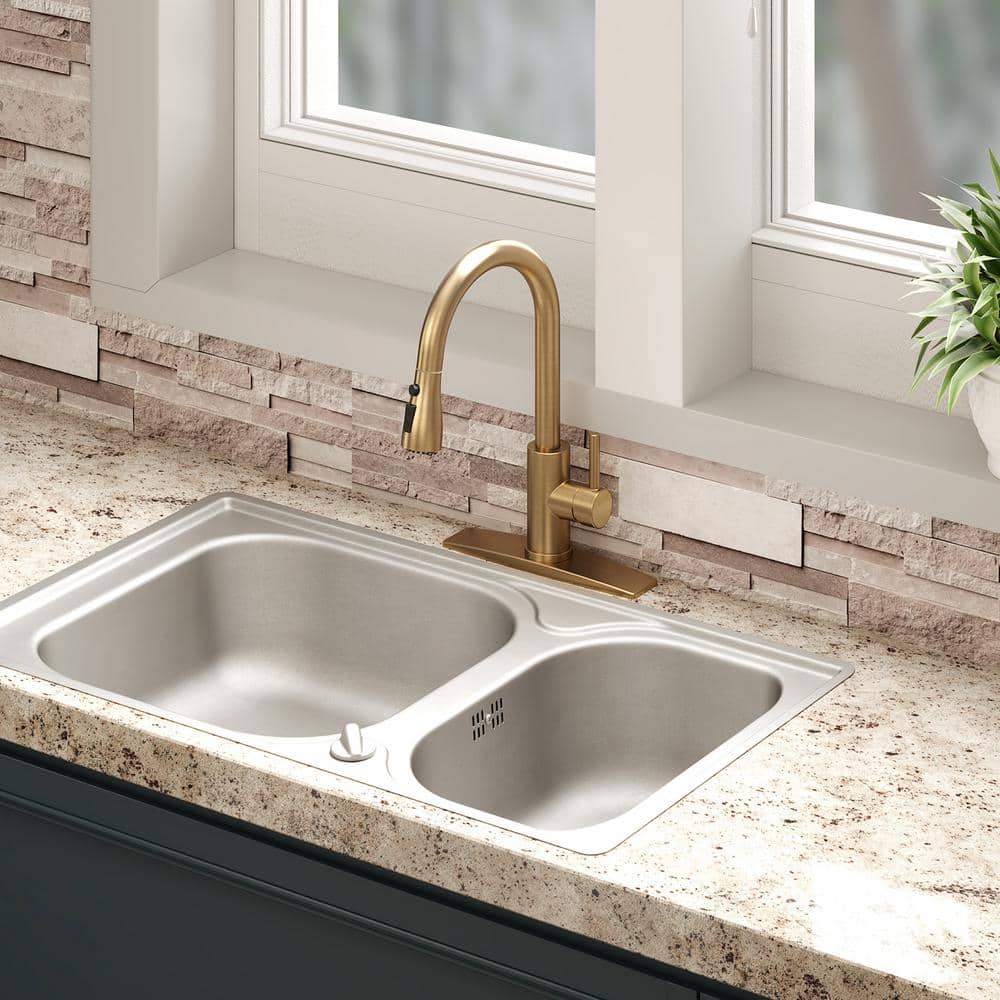 Brushed Gold Stainless Steel Pull Down Kitchen Faucet with Soap Dispenser