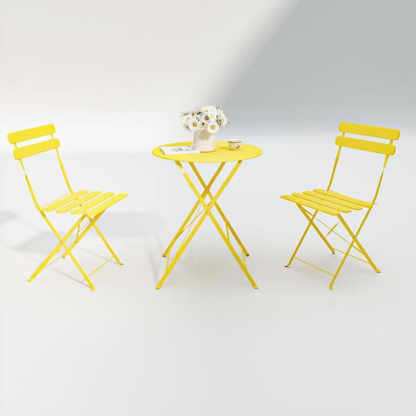 Miscool Anky Yellow Patio 3-Piece Metal Round Table and 2-Chairs Foldable Outdoor Bistro Set