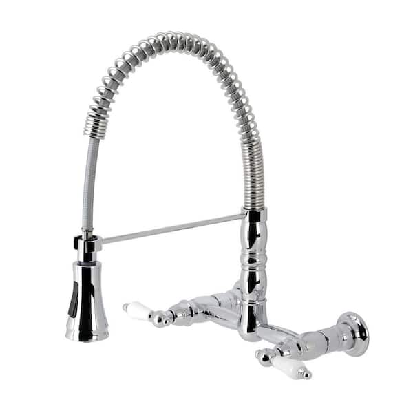 Kingston Brass Heritage 2-Handle Wall Mount Pull Down Sprayer Kitchen Faucet in Polished Chrome