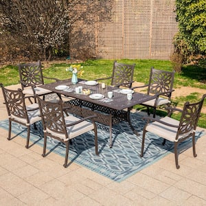 Brown 7-Piece Cast Aluminum Patio Outdoor Dining Set With Extendable Table and Dining Chairs With Beige Cushion