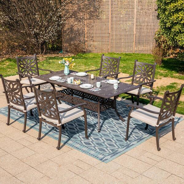 PHI VILLA Brown 7-Piece Cast Aluminum Patio Outdoor Dining Set With Extendable Table and Dining Chairs With Beige Cushion