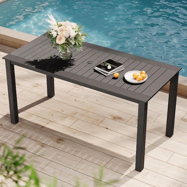 67 in. Grey Plastic Outdoor Patio Dining Table for 4-6 Persons with Umbrella Hole