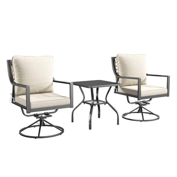 Kelsey 3-Piece Gray Wicker Outdoor Swivel Chairs with 3 in. Beige Cushions and Side Table