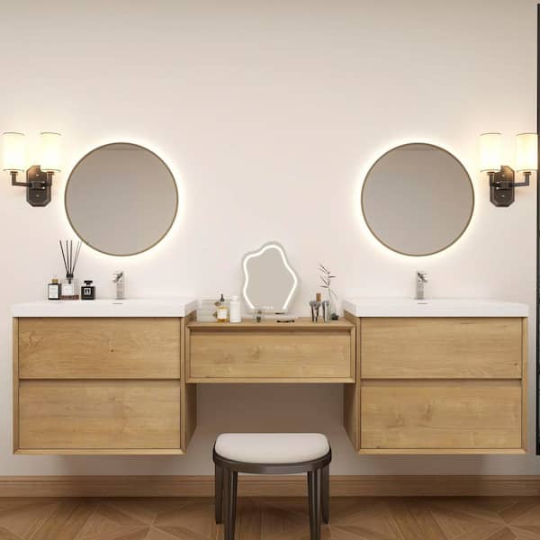 Kingdee 106 in. W x 20 in. D x 26 in. H Double Sink Middle Table Counter Bath Vanity in Teak Oak with White Acrylic Top