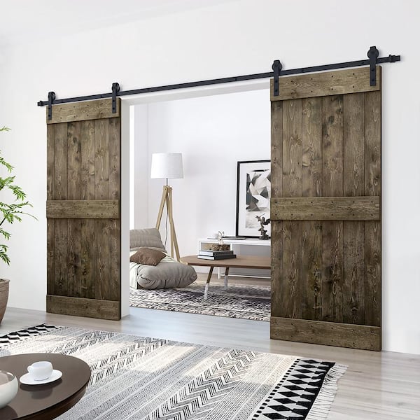 60 in. x 84 in. Mid-Bar Series Espresso Stained DIY Solid Pine Wood Interior Double Sliding Barn Door With Hardware Kit