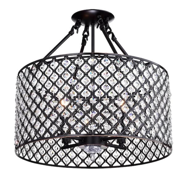 Edvivi Marya 4-Light Modern Oil Rubbed Bronze Finish Crystal Semi-Flush Mount Light with Clear Glass Crystal Beaded Drum Shade