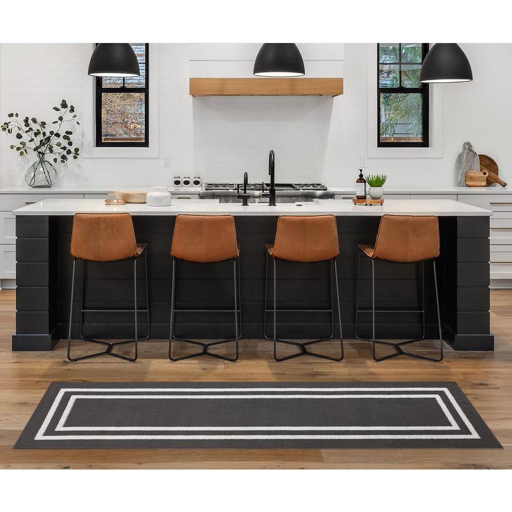 Elegant Dark Grey and White Tufted Runner Rug with Non-Slip Latex Backing