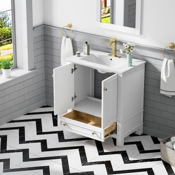 30 in. White Solid Wood Freestanding Bath Vanity with White Ceramic Top, Soft-Close, Adjustable Leveler, Unassembled