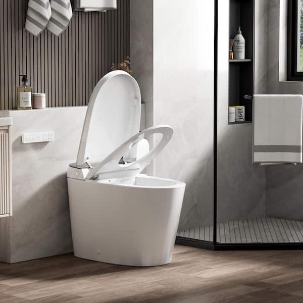 1.6/1.1 GPF Build-in Tank Elongated ADA LED Smart Toilet Bidet in White, Auto Open/Close/Flush, Foot Sensor, Foam Shield