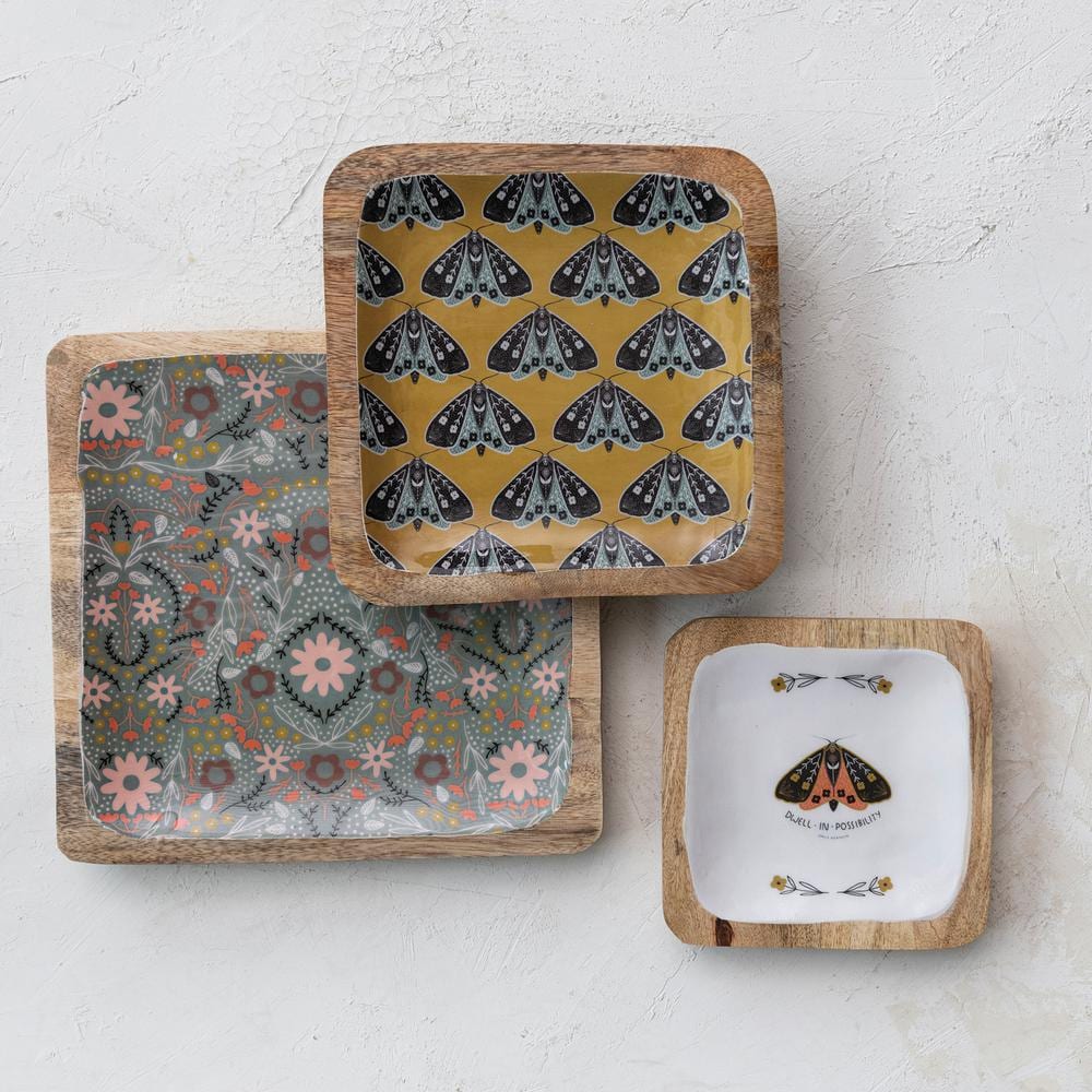Multicolor Enameled Wood Trays with Moths and Florals, Set of 3