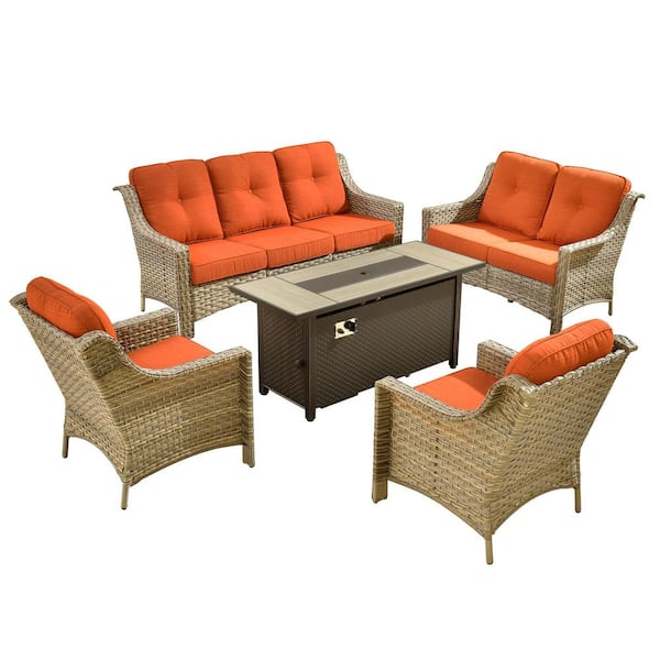 Eureka 5-Piece Wicker Outdoor Fire Pit Patio Conversation Sofa Seating Set with Orange Red Cushions