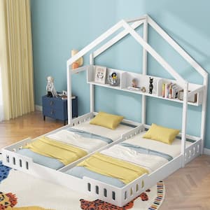 Creamy White Wood Frame Twin Size House Platform Beds, 2-Shared Kids Beds with Storage Shelves and Guardrails