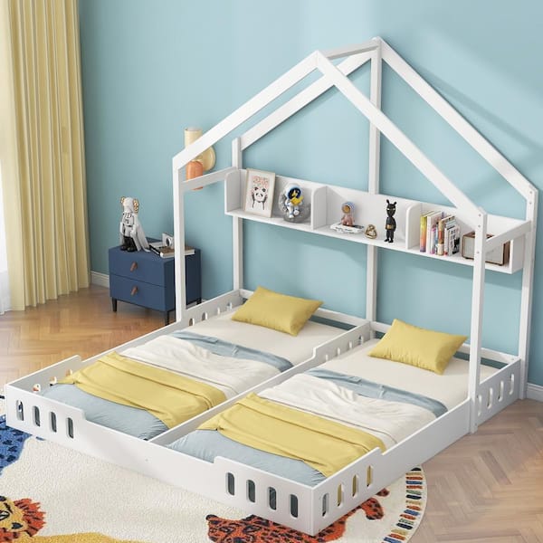 Harper & Bright Designs Creamy White Wood Frame Twin Size House Platform Beds, 2-Shared Kids Beds with Storage Shelves and Guardrails