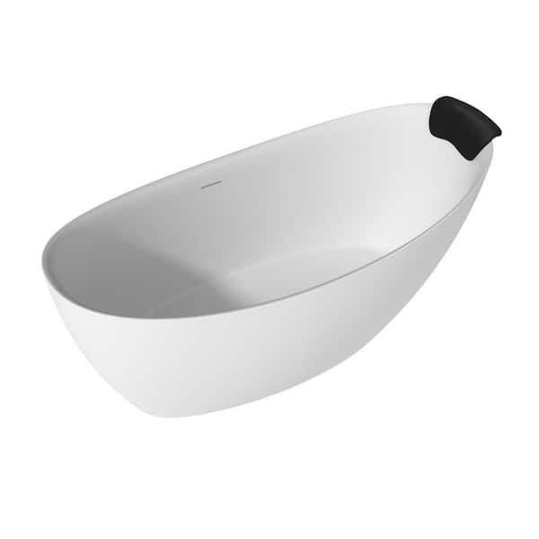 59 in. x 30 in. Solid Surface Stone Free Standing Tub Soaking Bathtub in Matte White with Black Bathtub Pillow