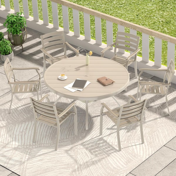 All Weather 7-Piece Metal Outdoor Patio Dining Set with Umbrella Hole and 6 Stackable Dining Chairs & Round Dining Table