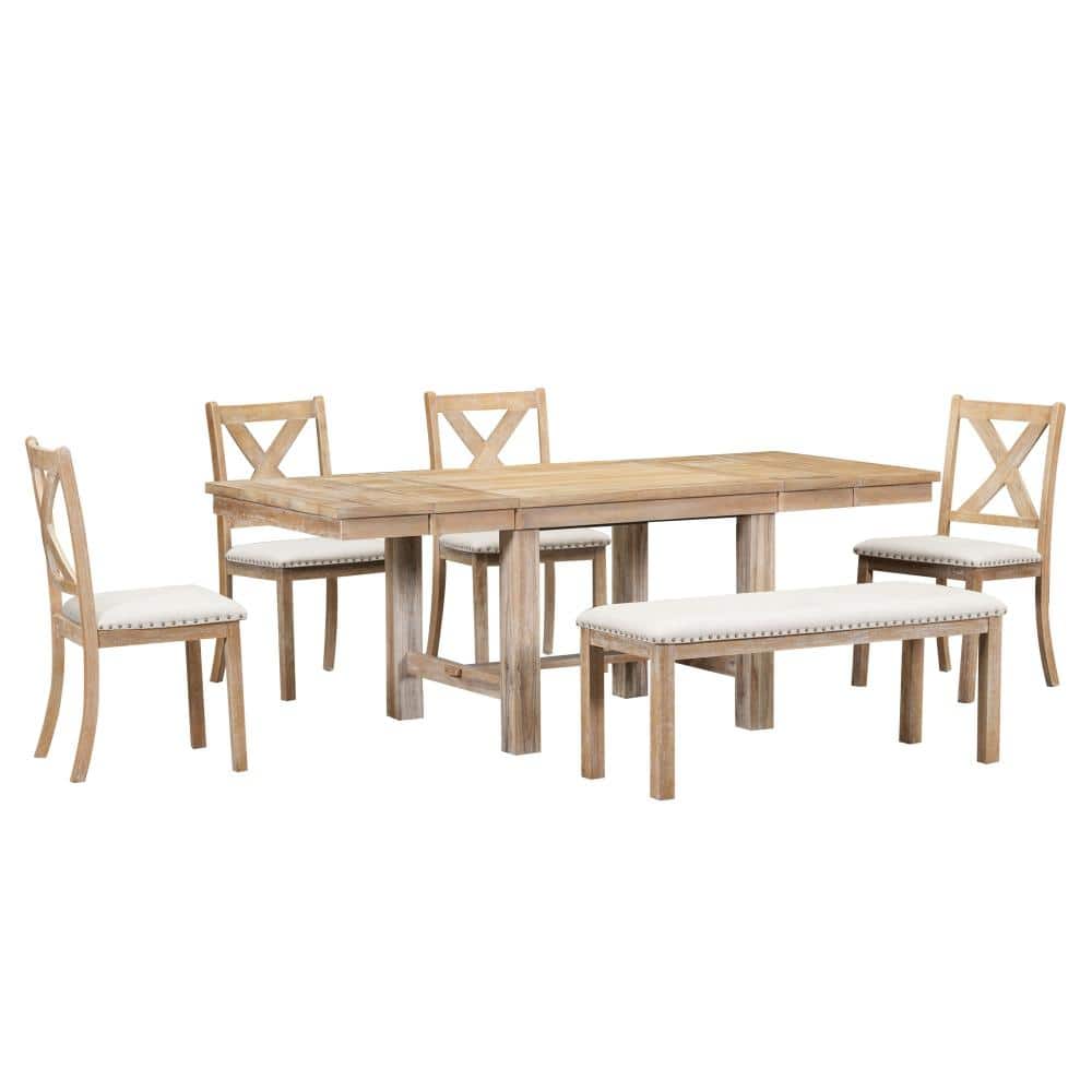 6 Piece Rectangular Natural Wood Top Extendable Dining Table Set with 4 Upholstered Chairs and Bench Seats 6