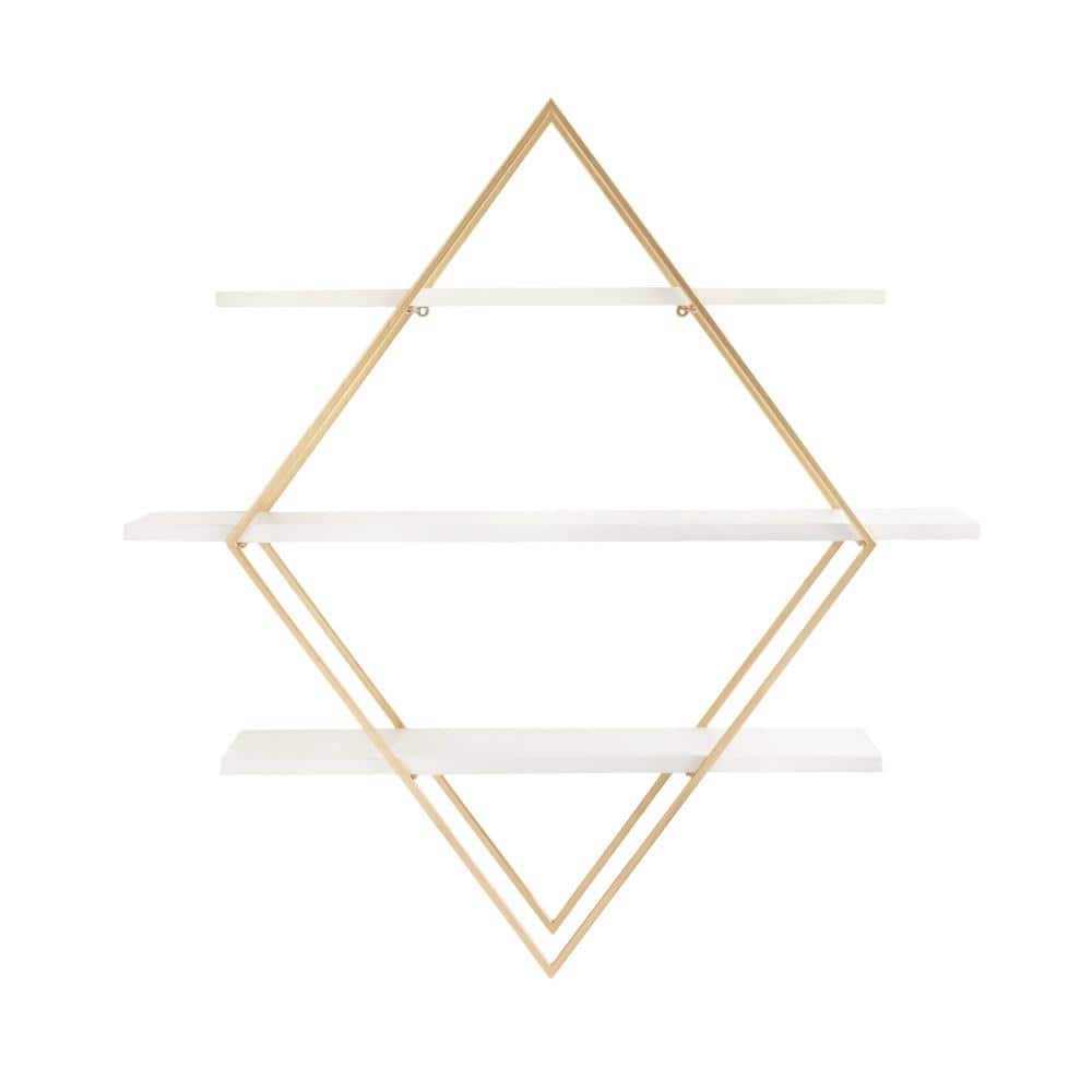 White and Gold Diamond Floating Wall Shelf with Wooden Accents