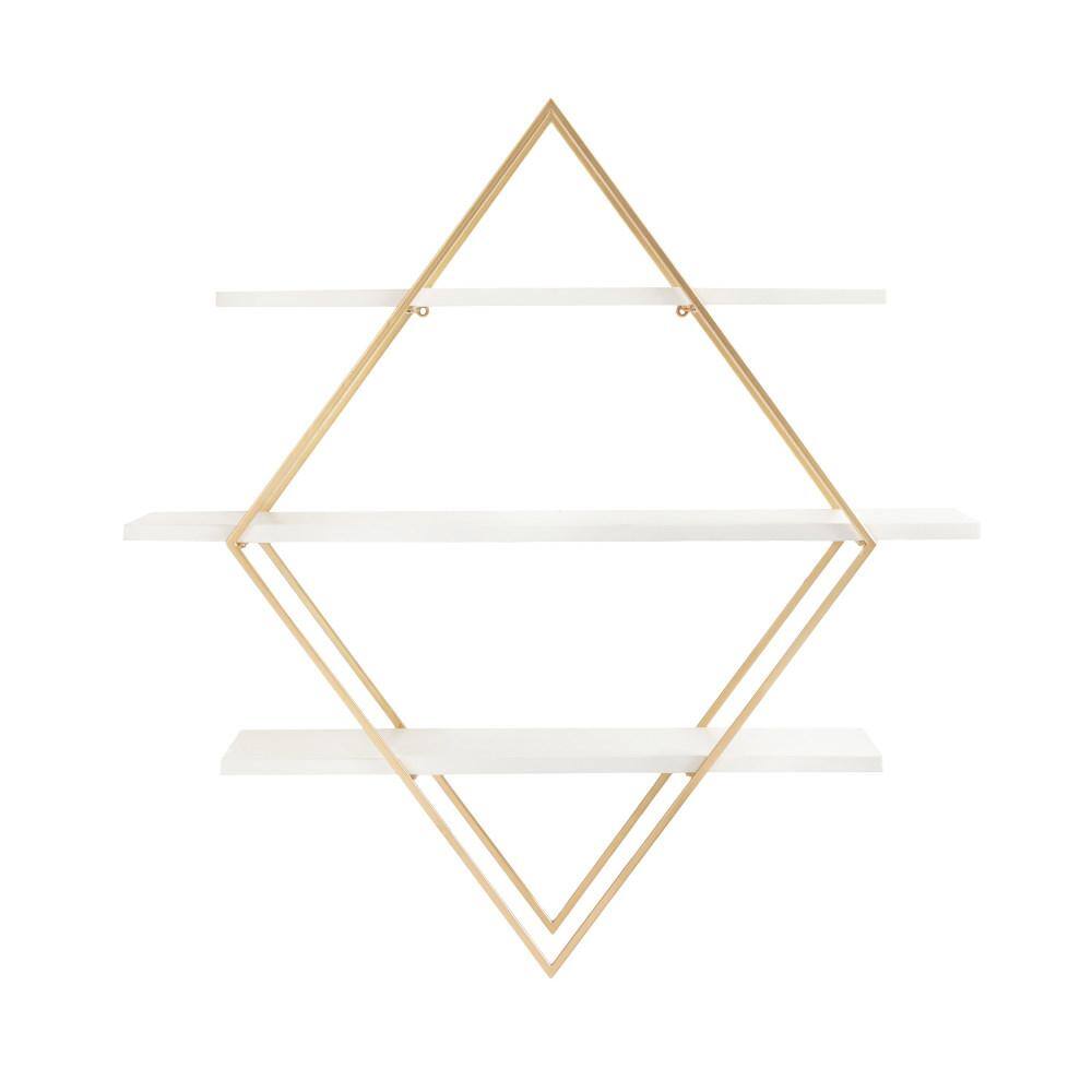 White and Gold Diamond Floating Wall Shelf with Wooden Accents