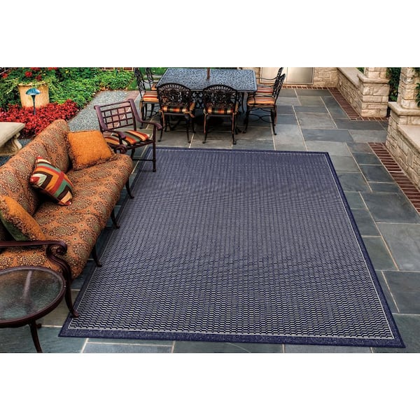 Recife Saddle Stitch Ivory-Indigo 2 ft. x 12 ft. Indoor/Outdoor Runner Rug