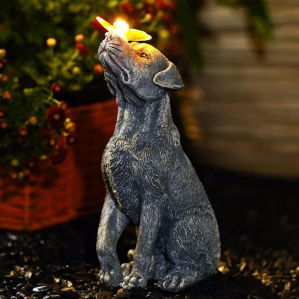 OGETFUUR Solar Garden Statue Dog Figurine with Butterfly for - Main Image