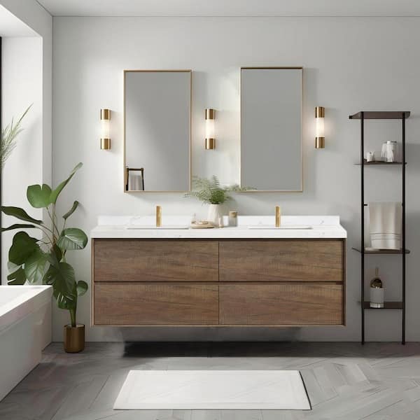 Bessdore 84 in. Double Sinks Floating Vintage Oak Brown Bath Vanity with White Engineered Stone Top