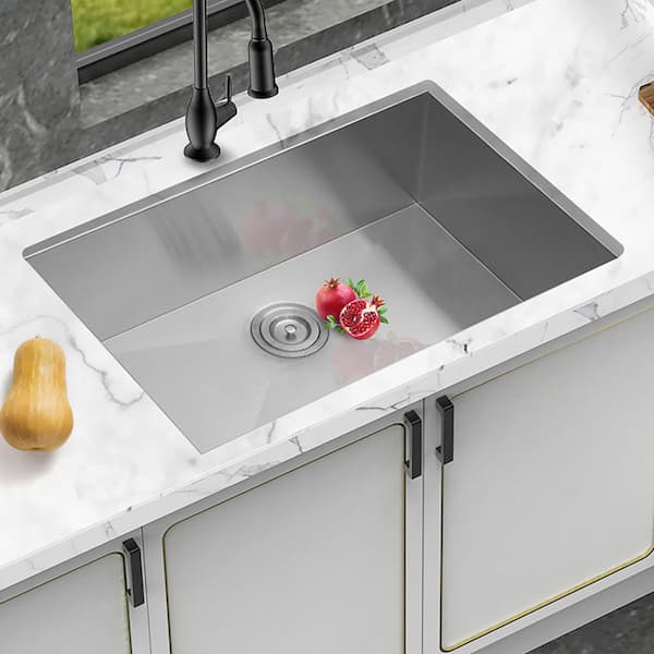 28 in. Undermount Single Bowl 16 Gauge Brushed Nickel Stainless Steel Kitchen Sink with Drain Assembly