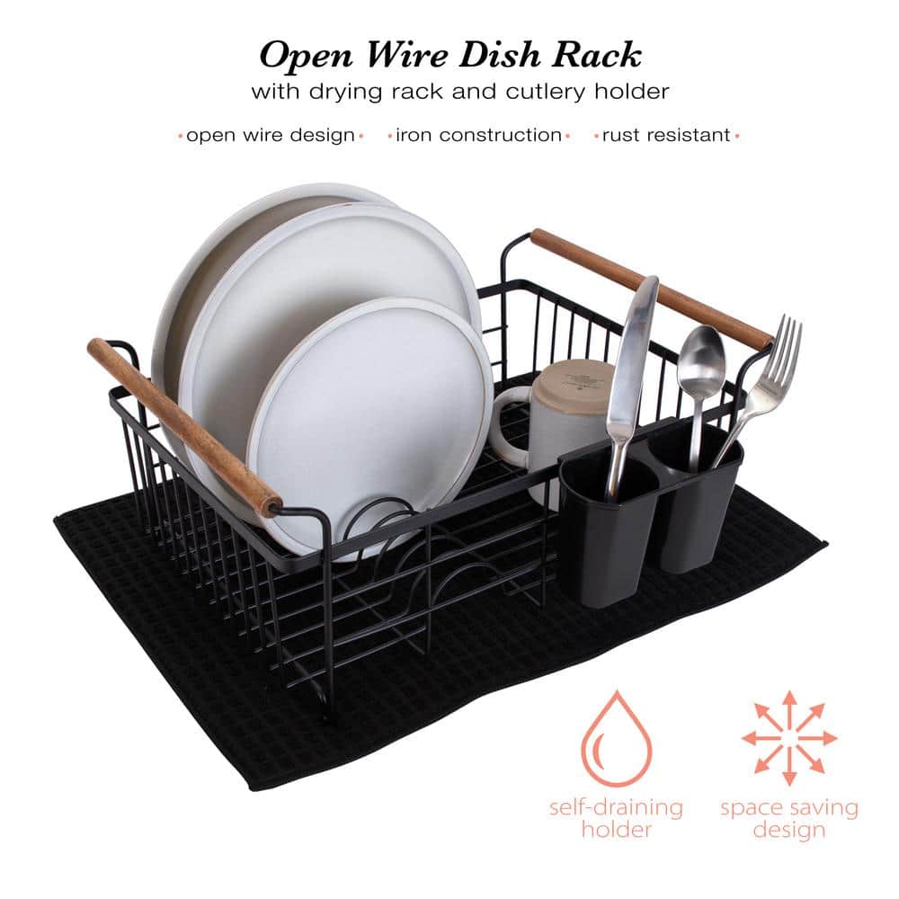 Acacia Wood and Black Metal Dish Drying Rack with Utensil Cup